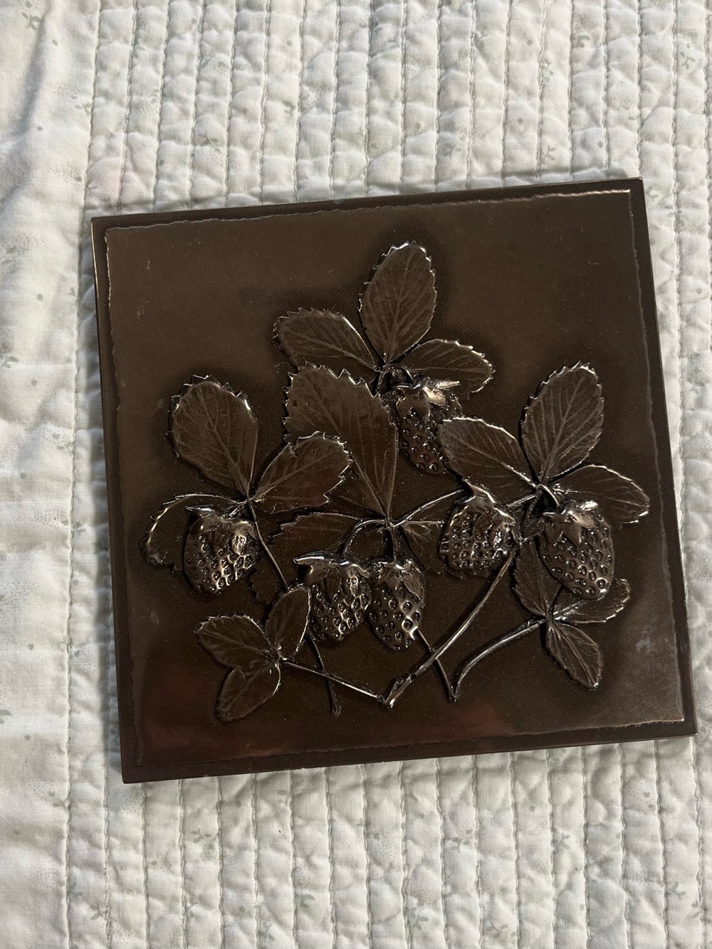 Vintage Strawberry Relief Art Tile Plaque Brown Metallic Finish 6.5 Inch